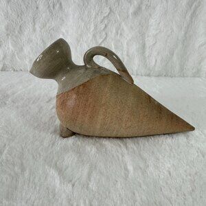 Vintage Handcrafted Ceramic Amphora Style Vase Handle Tripod Base Beige & Gray